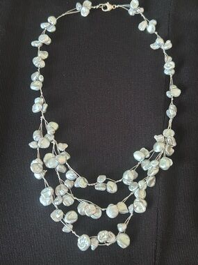 Vintage Multi Strand Floating Pearl Illusion Necklace Grey Keshi Baroque 925